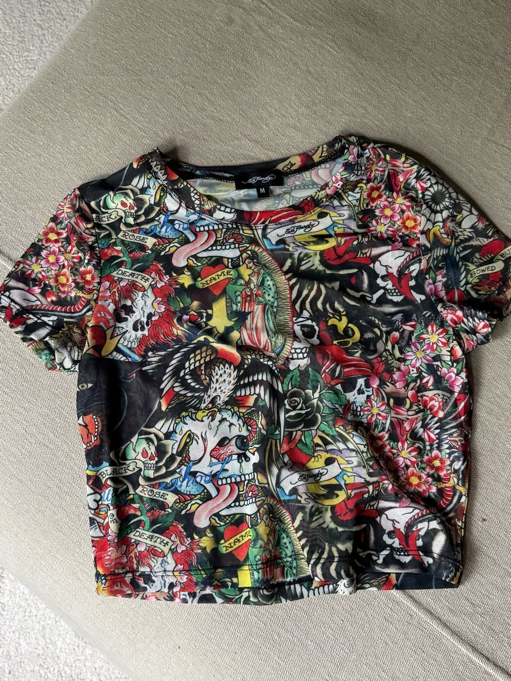 Ed Hardy Tattoo Print Sheer Crop Shirt - Multicolor